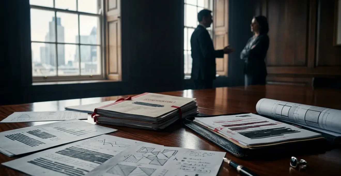 Strategic business acquisition meeting showing financial documents and corporate merger planning in modern UK office environment