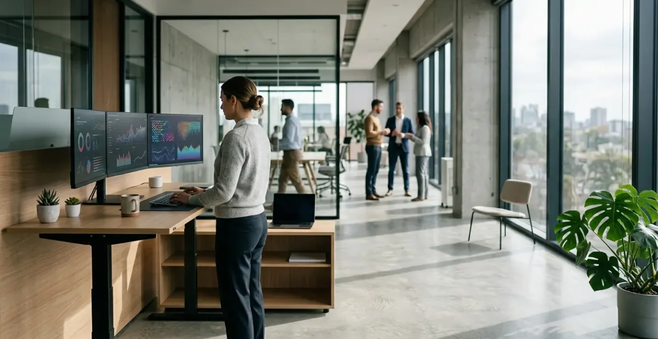 Professional office environment showcasing automated workflow systems with digital interfaces and collaborative workspace