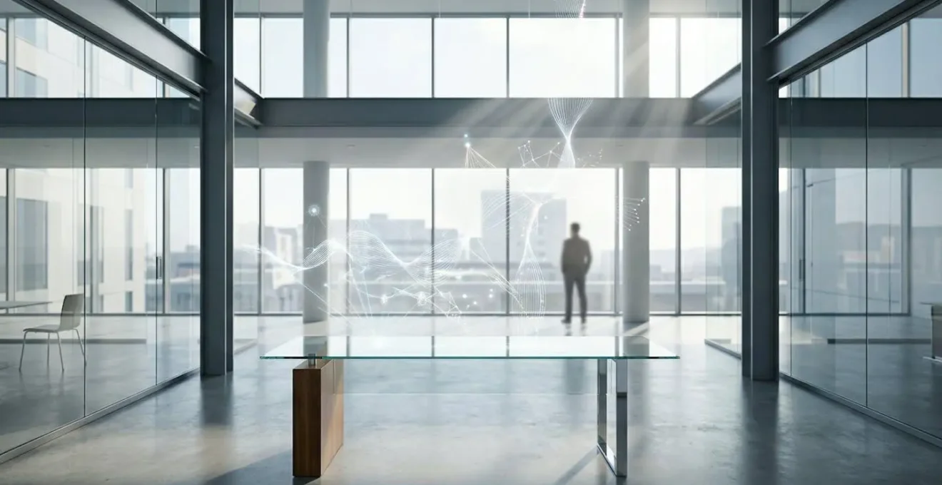 Automated FCA compliance tracking system displayed through holographic data visualization in modern financial office