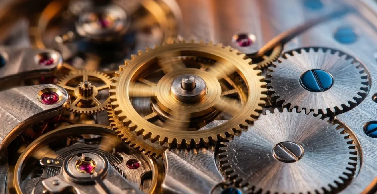 Close-up macro shot of precision clockwork gears representing automated lead scoring mechanisms