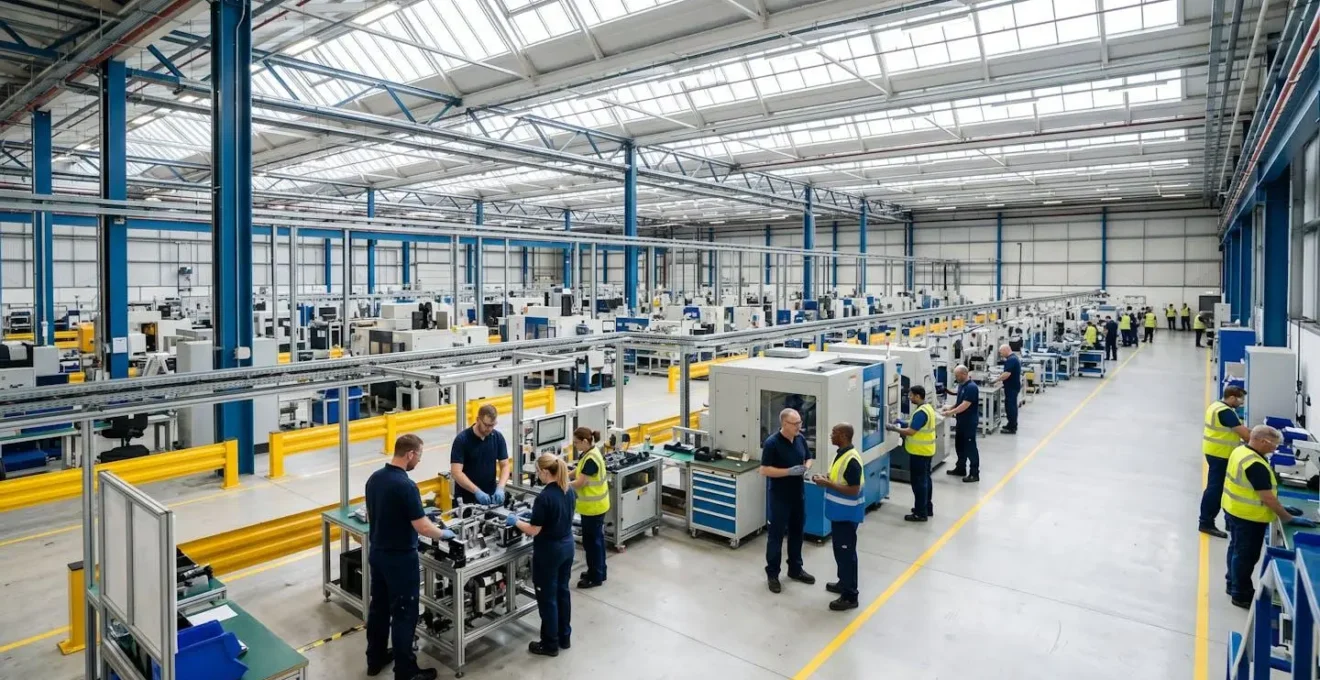Wide angle view of diverse employees in manufacturing facility working together