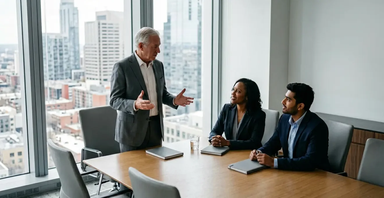 Multi-generational business team in professional boardroom setting planning succession strategy
