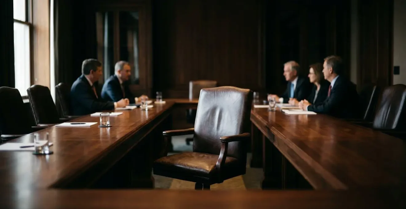 Atmospheric shot of empty boardroom chair symbolizing trustee recusal during conflict of interest