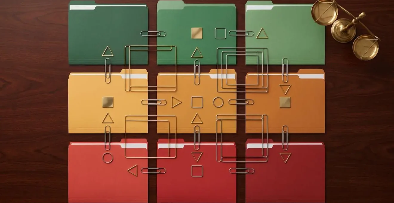Professional office desk with color-coded folders arranged in a grid pattern representing different client risk levels