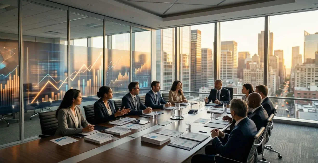 Professional corporate boardroom with executives reviewing financial charts and inflation data