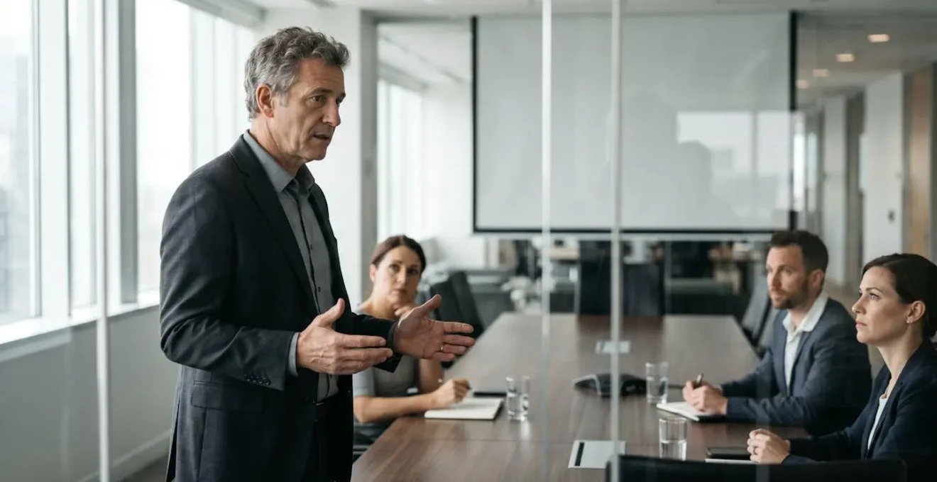 Executive team in serious discussion during crisis management meeting