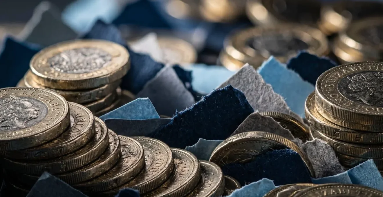 A macro photograph showing stacks of British pound coins and abstract paper shapes, representing the valuation of a debt book for business expansion.