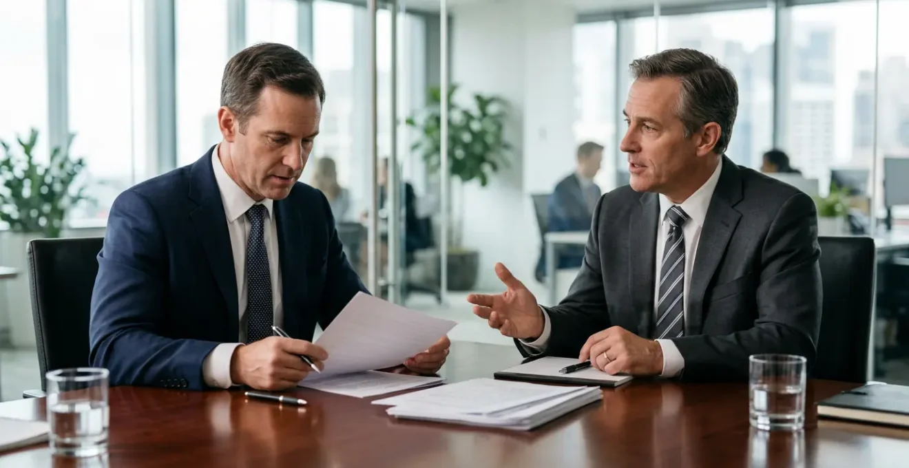 Professional business meeting discussing payment terms in modern corporate boardroom
