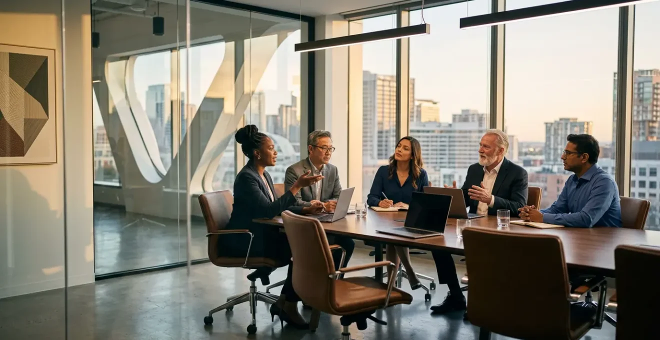 Senior executives in a modern boardroom engaged in strategic discussion