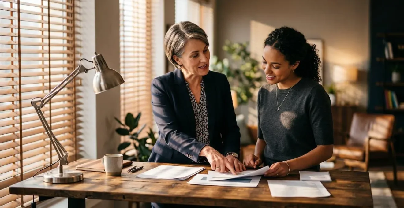 Senior executive mentoring internal successor in an office setting, demonstrating knowledge transfer and trust.