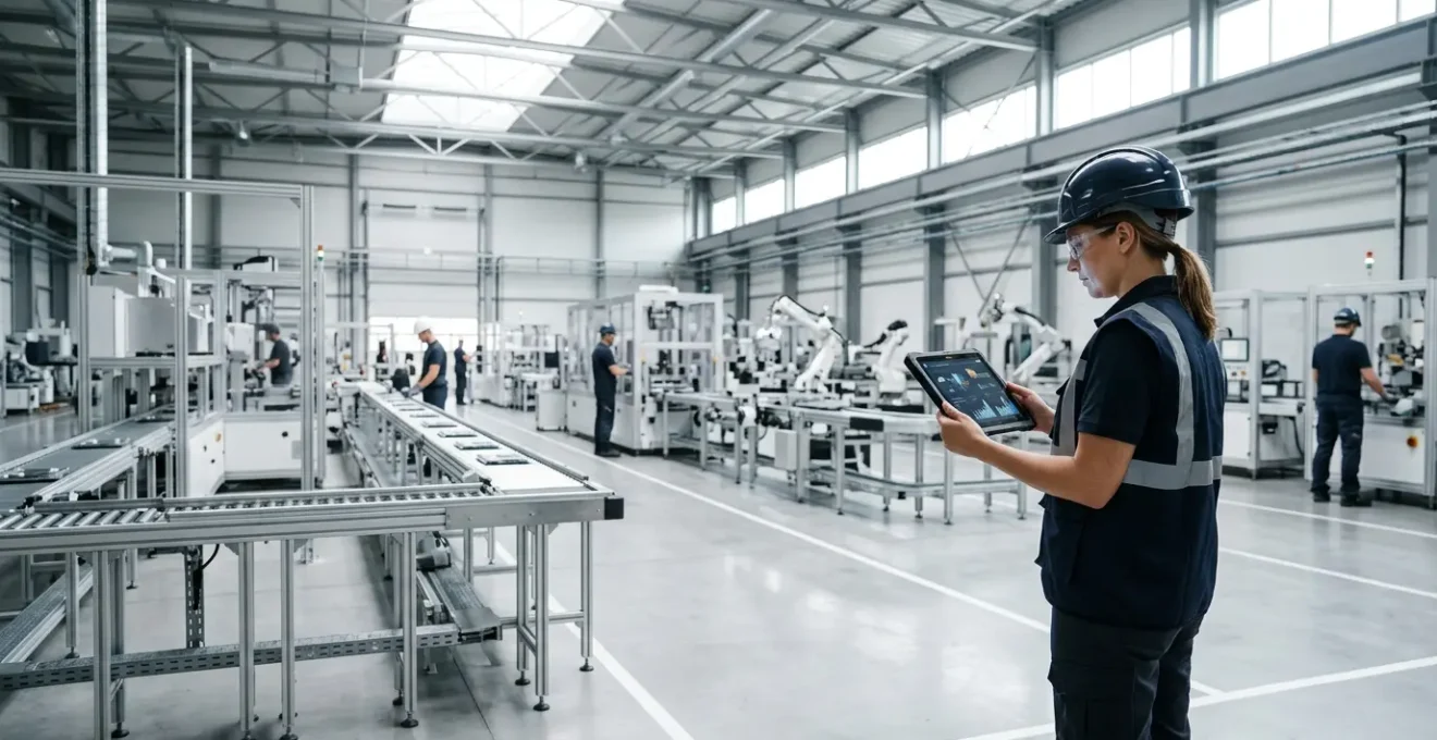 Modern manufacturing facility showcasing seamless administrative integration with production teams