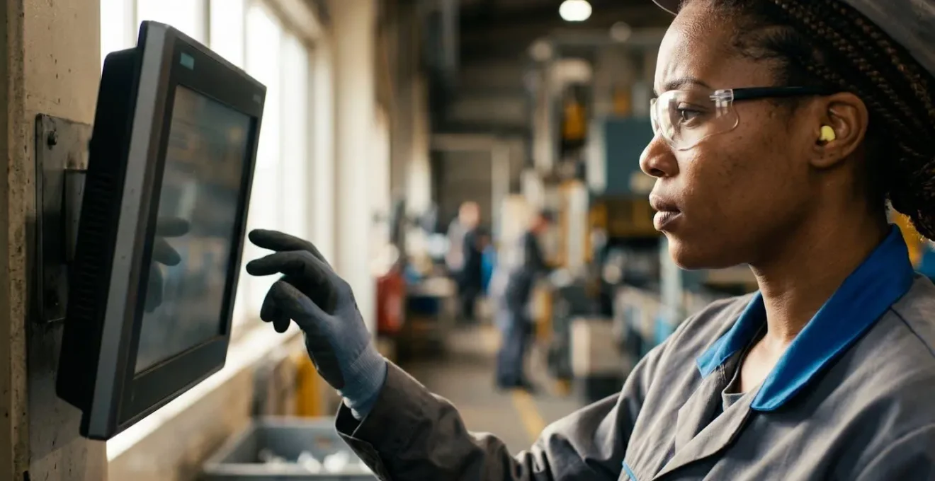 Manufacturing worker using self-service terminal on factory floor