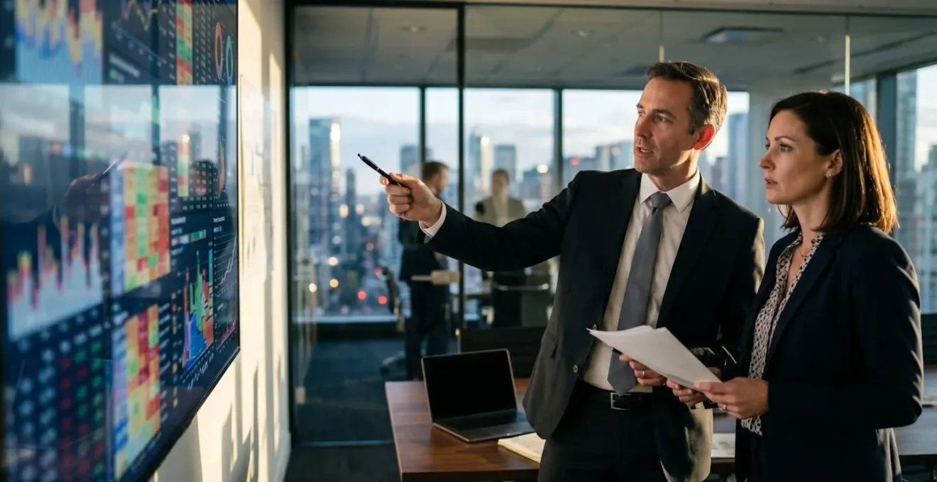 Financial analysts reviewing valuation metrics on multiple screens in conference room