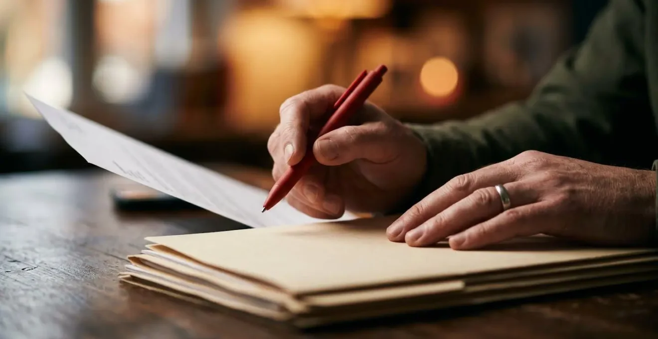 Close-up of a business owner's hands hesitating over documents, symbolizing the difficult decision to freeze spending.