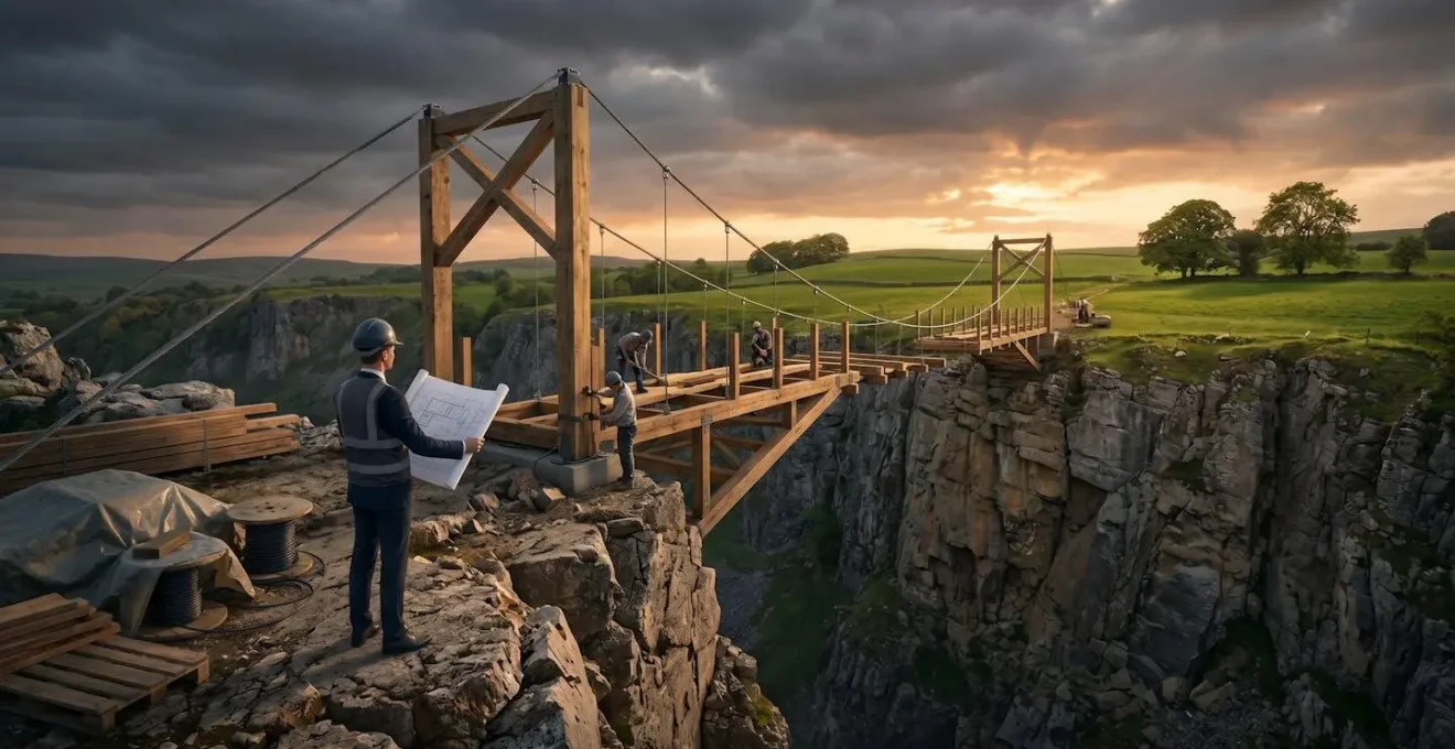 Business professional building bridge from unstable cliff to solid ground representing debt restructuring