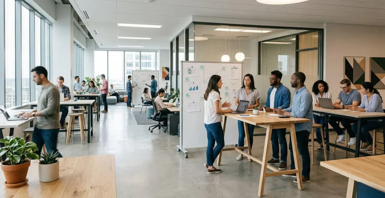 Modern open office workspace showing tech professionals collaborating around standing tables with multiple work zones visible