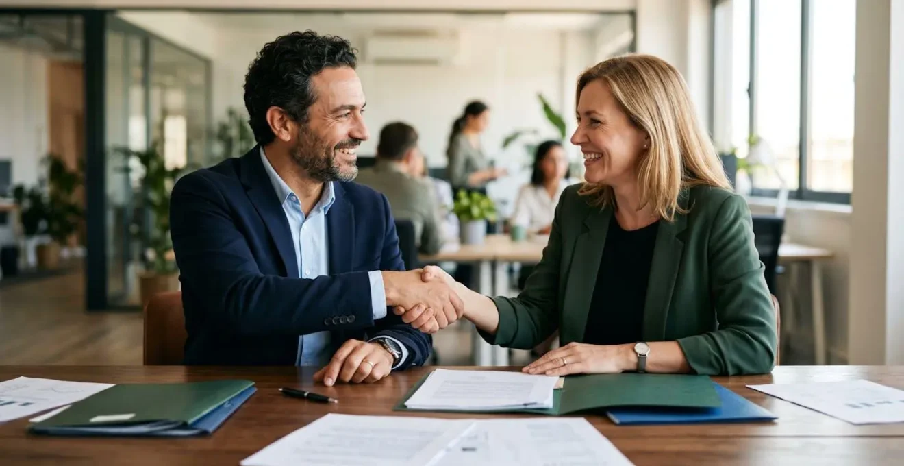 Two business professionals shaking hands over franchise partnership documents and financial models in a modern meeting room