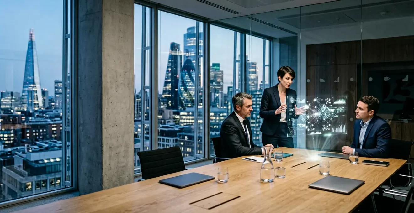 Strategic meeting in modern UK corporate boardroom showing executives analyzing department performance data on digital displays