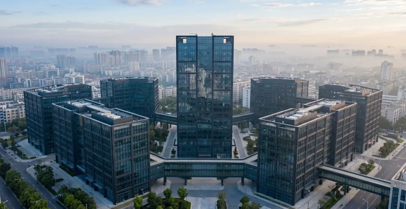 A visual representation of a central holding company building protecting surrounding subsidiary buildings from external risks.