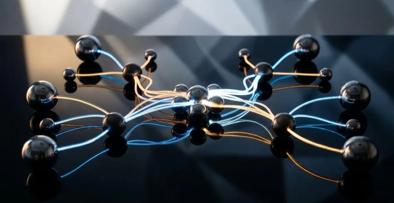 Abstract visualization of unified data systems with interconnected nodes and flowing patterns