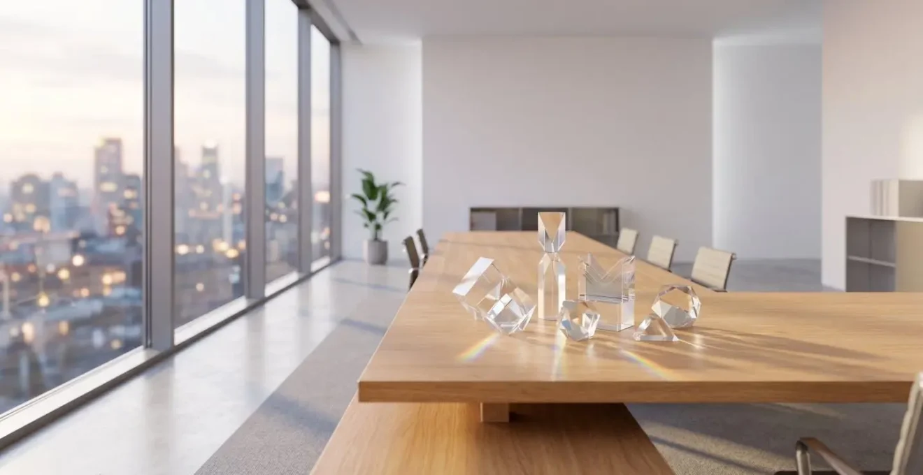 Wide environmental shot of modern office space with data visualization elements