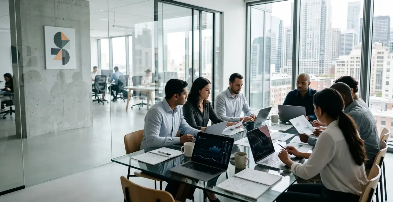 Mid-sized tech company finance team conducting internal audit review in modern office