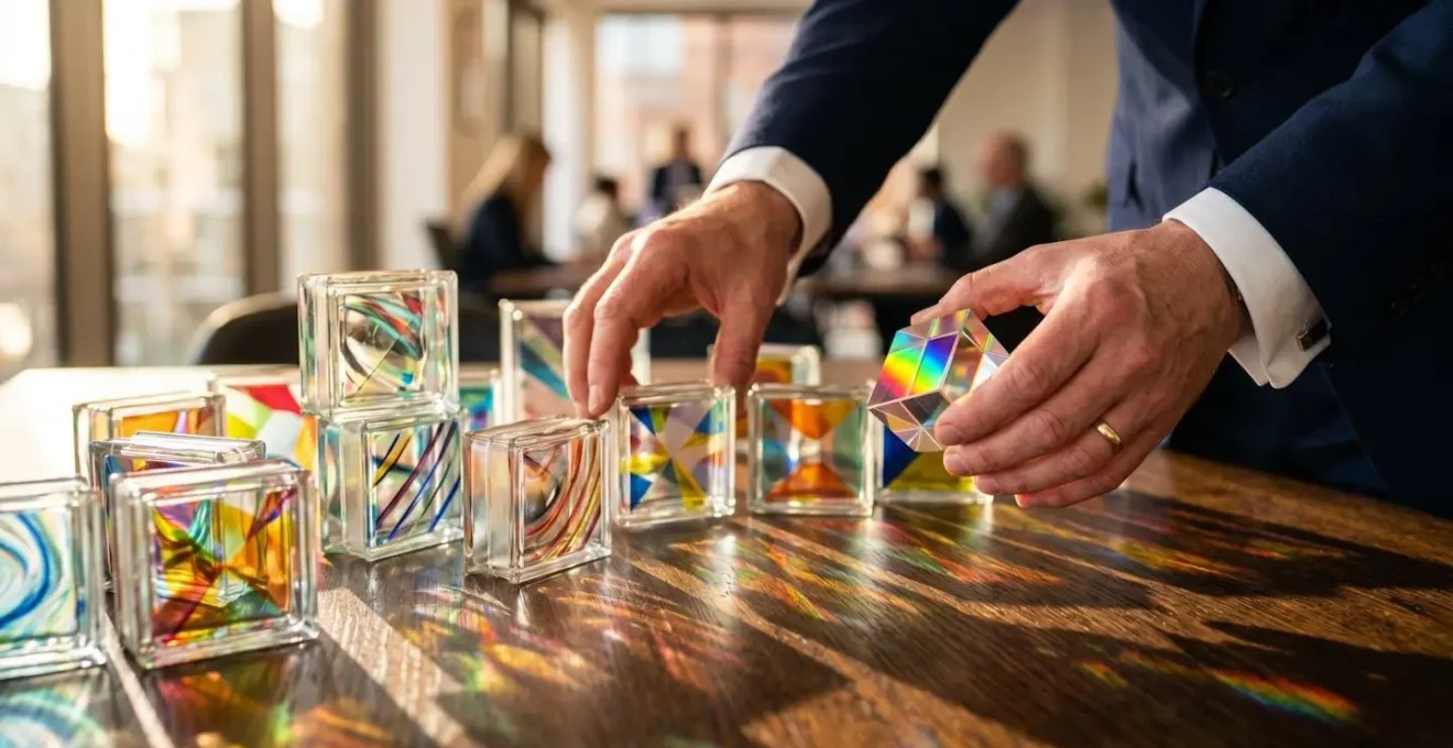 A business professional analyzing various invoice financing options represented by abstract visual elements on a desk.