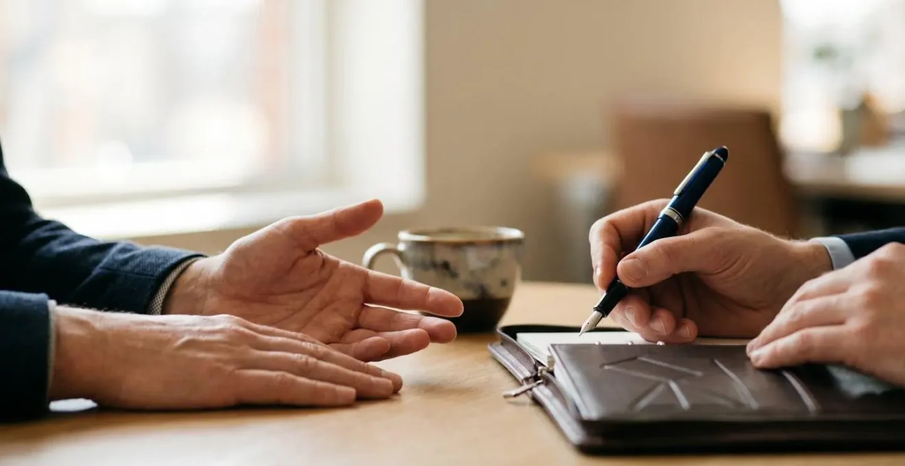 Close-up photograph of hands across a table during a one-on-one employee retention meeting showing body language of trust and negotiation