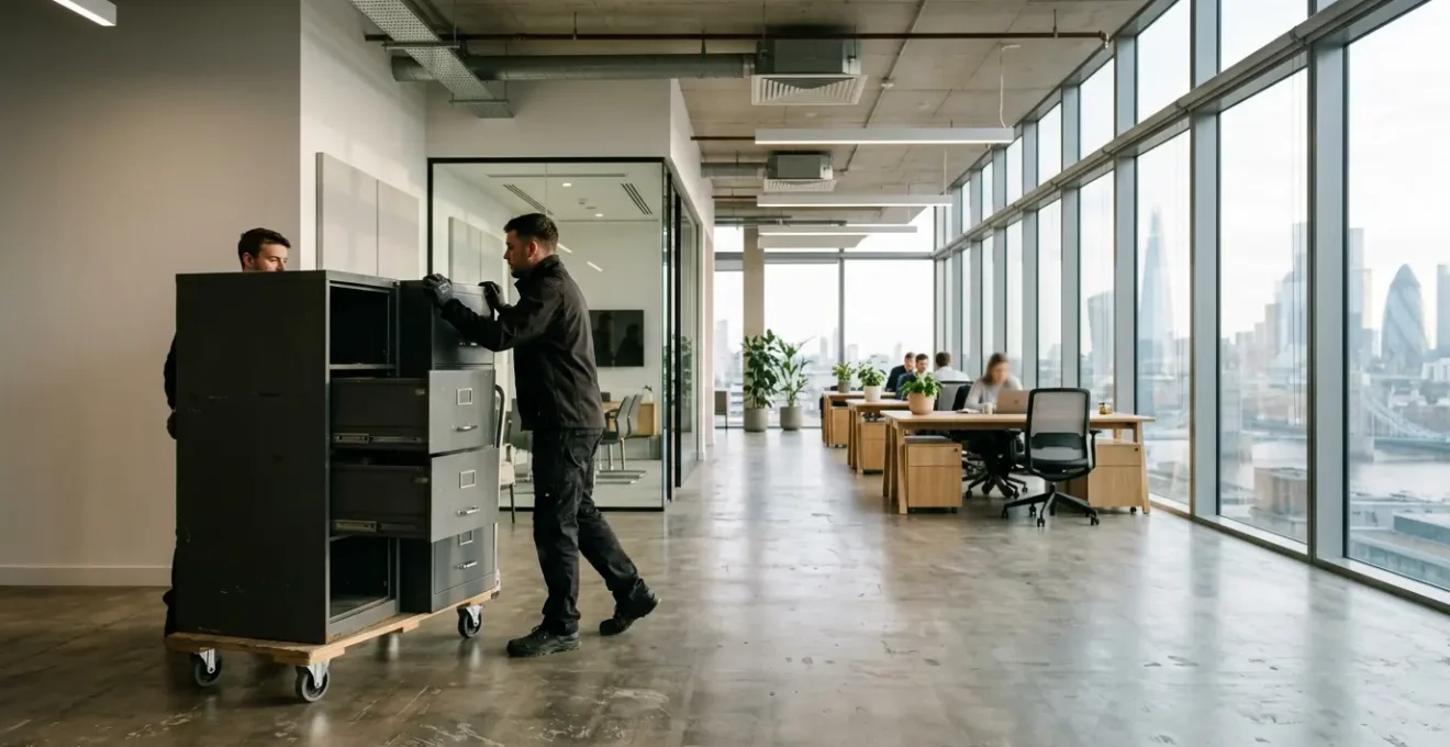 Dramatic interior perspective of a modern London office showing empty filing cabinets being removed from a sleek workspace with city views