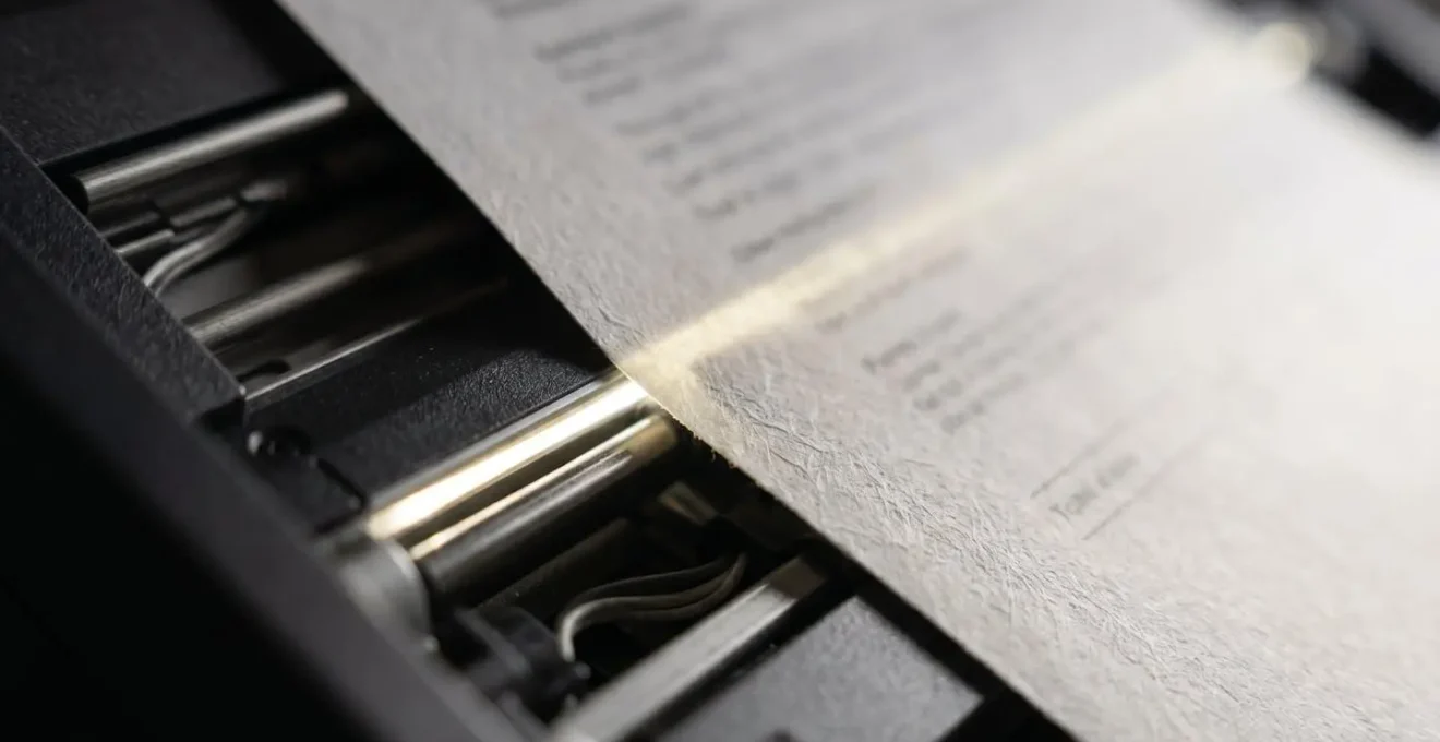 Extreme close-up macro shot of a document being scanned with visible scanning light and paper texture