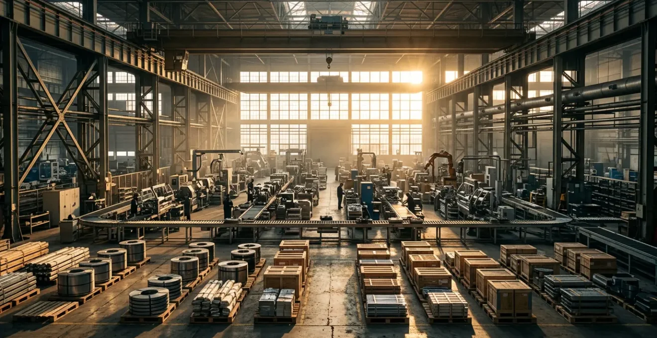 Manufacturing facility warehouse with raw materials and finished products representing trapped working capital