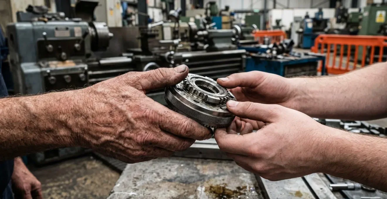 Close-up of older, weathered hands passing a precision-machined metal part to younger hands, symbolizing leadership succession in a manufacturing setting.