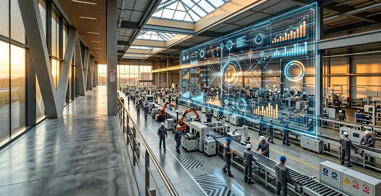 Industrial manufacturing facility with overlaid financial metrics and supply chain data visualization