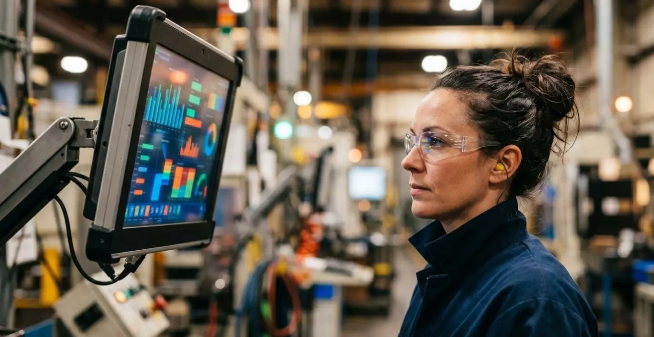 Factory floor operator reviewing real-time profitability metrics and performance variance on industrial workstation display