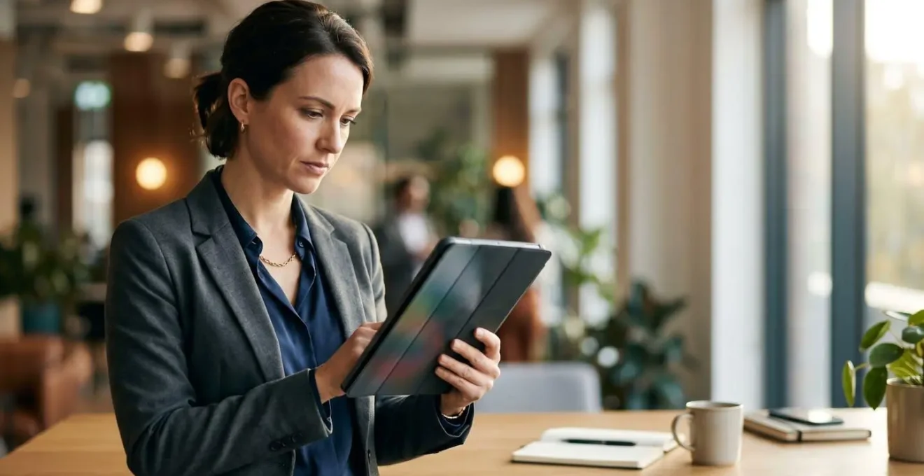 A business professional is shown reviewing automated payroll data with an approval interface, signifying the importance of human oversight in a modern office setting.