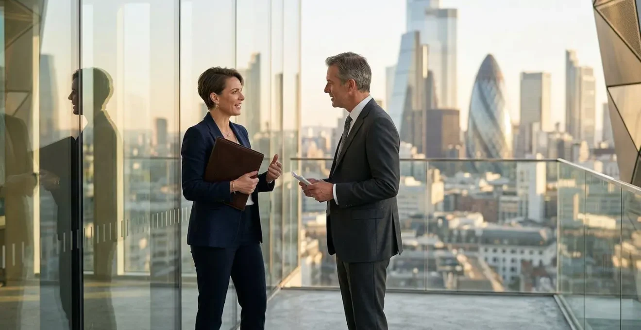 Professional financial advisor presenting premium services strategy in modern UK office environment