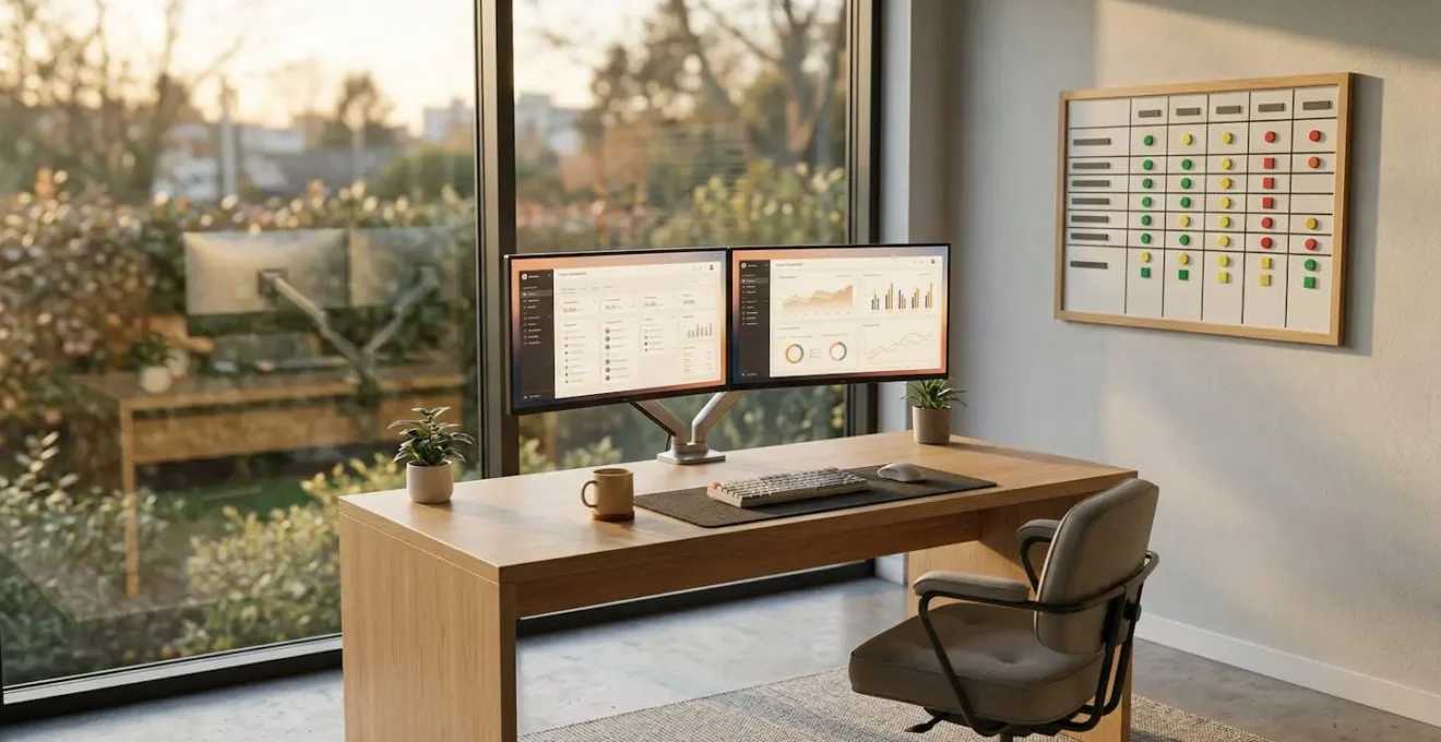 Professional remote team accountability visualization showing hybrid workspace collaboration