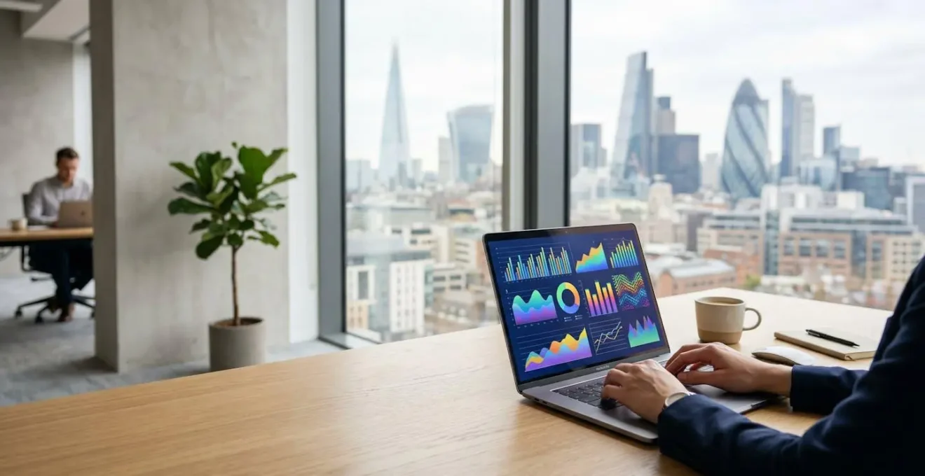 Business analyst reviewing software subscription dashboard on laptop in modern UK office