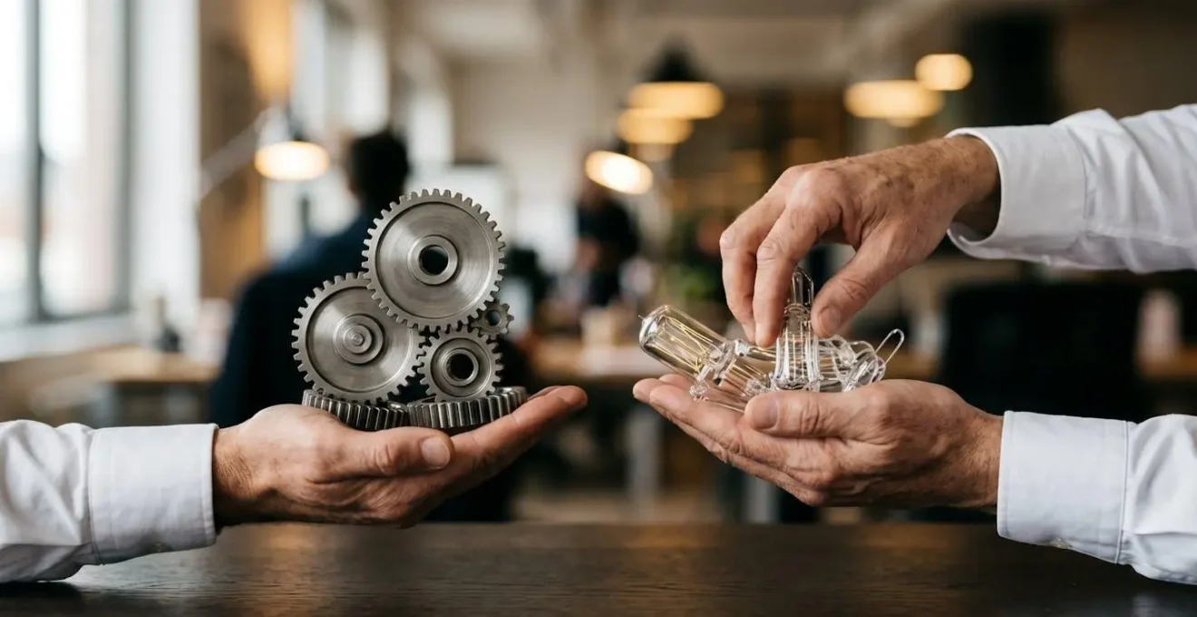 Split composition showing robust industrial gears on one side and thin glass threads on the other