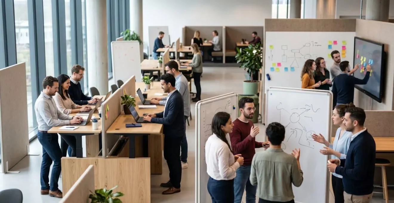 Multiple small autonomous teams working in dedicated zones within shared office space