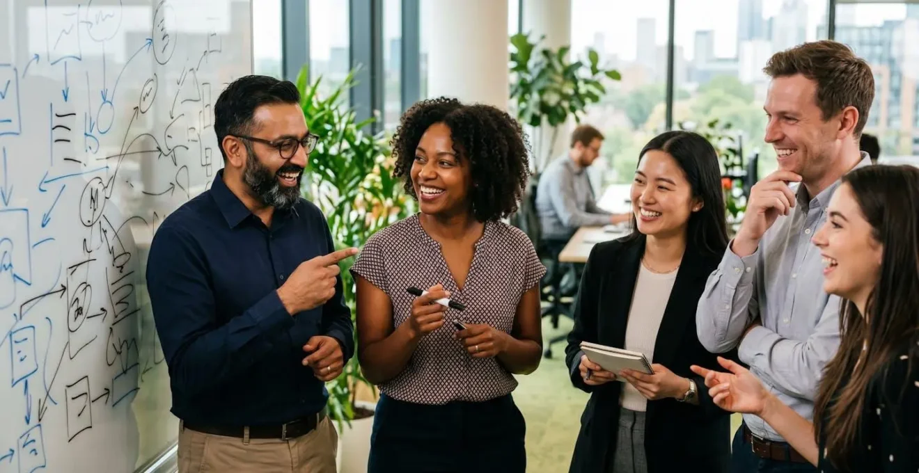 Diverse team collaborating on cost efficiency strategies in bright UK office space