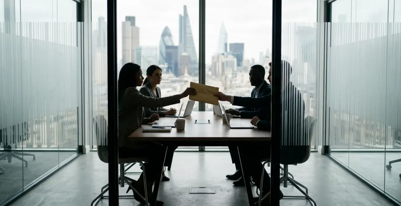 Tech startup team protecting intellectual property from corporate espionage threats in modern UK office