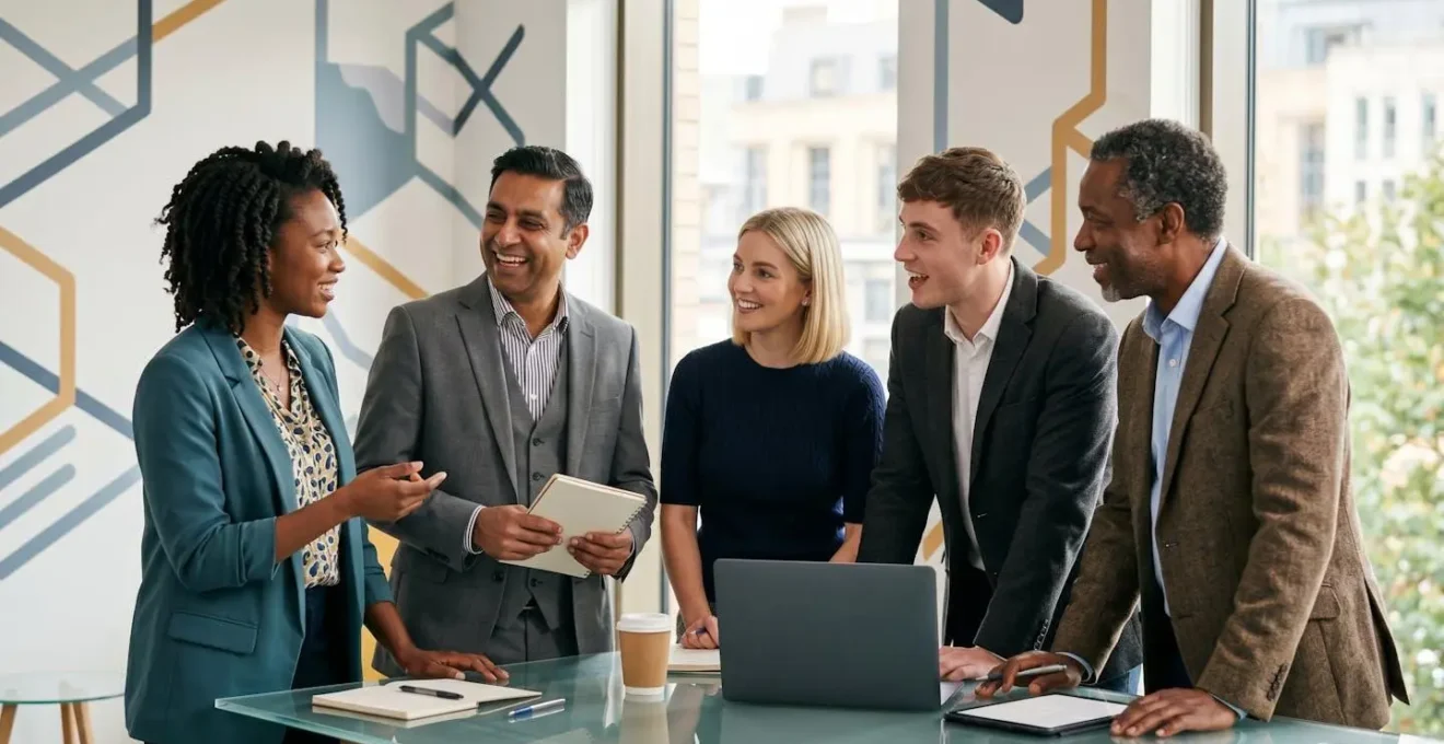 Diverse business team collaborating around transparent digital performance metrics display