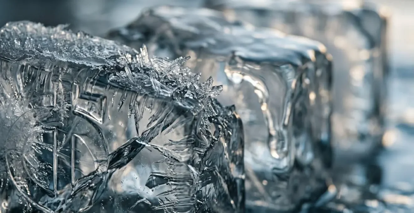 Time-lapse visualization showing dollar bills frozen in ice blocks at different stages of the manufacturing process