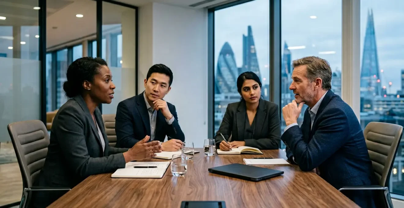 Professional mediation session in UK agency boardroom with executives discussing strategic solutions