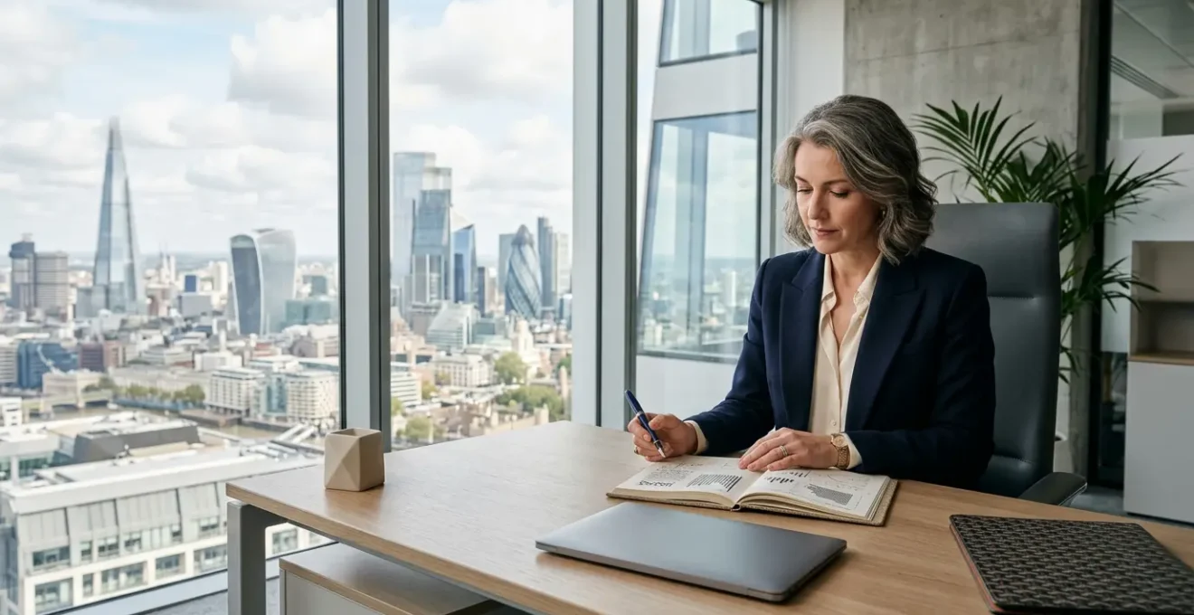 UK agency owner in professional attire reviewing financial plans at a modern office desk with city skyline view