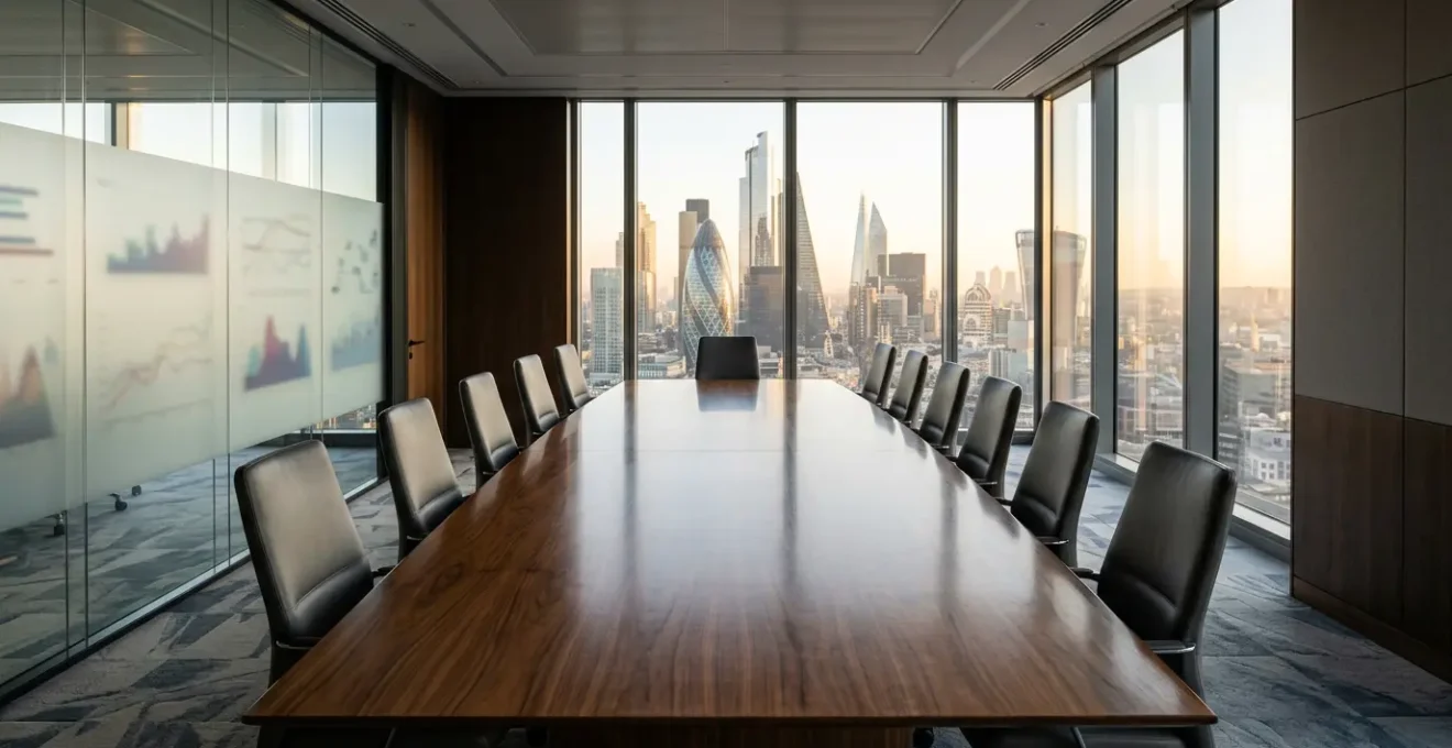 Executive boardroom with marketing ROI data visualization on screens showing financial metrics and conversion funnels