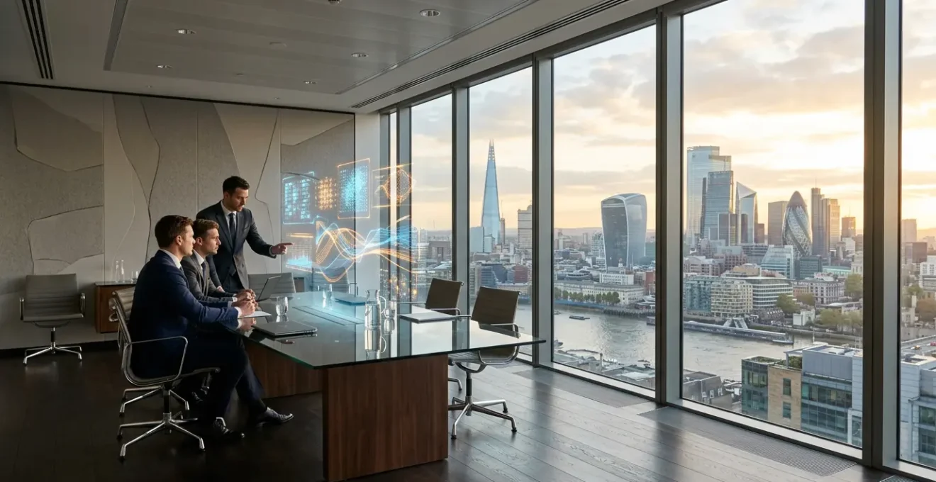 UK business executives reviewing financial charts showing receivables financing strategies for aggressive expansion