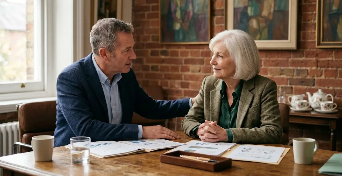British business owner discussing pricing changes with loyal customer in warm office setting