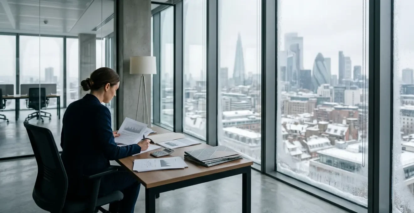 Strategic financial planning scene showing UK business owners managing cash flow during winter quarter